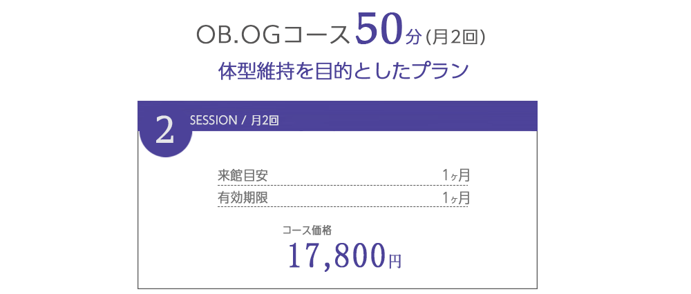 烏丸のパーソナルジム「LIVIVALダイエットスクール」のOB,OGコース（体型維持を目的としたプラン）は月2回2セッション、来館目安1ヶ月、有効期限1ヶ月、コース価格は17,800円